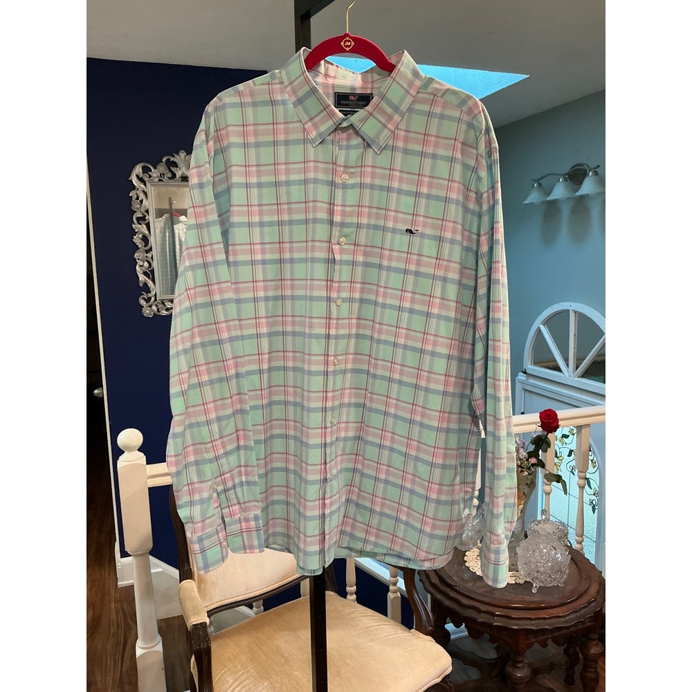 Vineyard Vines Button Down Whale Shirt XXL Green Pink Blue Slim Fit Plaid Cotton